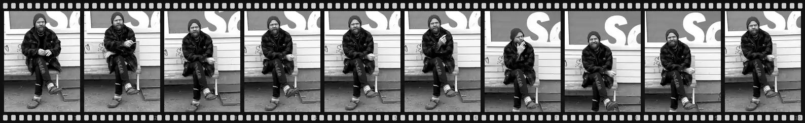 Film strip: ten black-and-white photographs of the author.